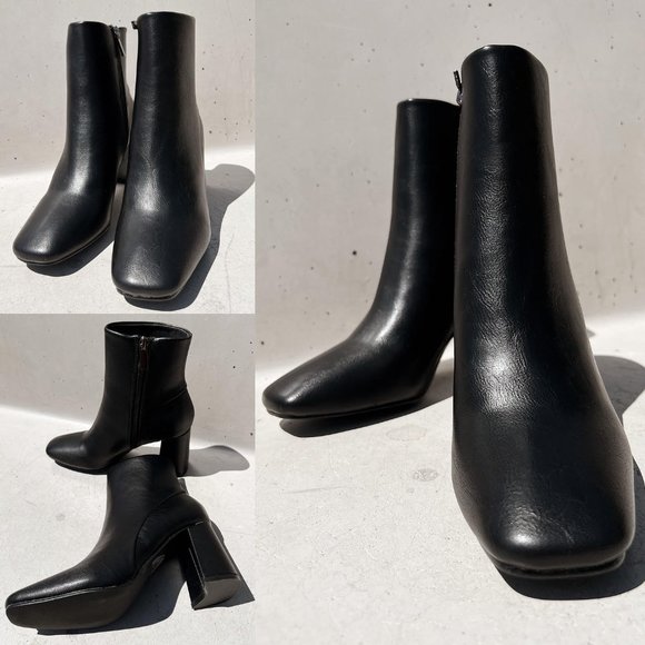 NEW Black Faux Leather Sleek Slim Square Toe Block Heel Ankle Boots Bootie Shoes - Picture 8 of 13